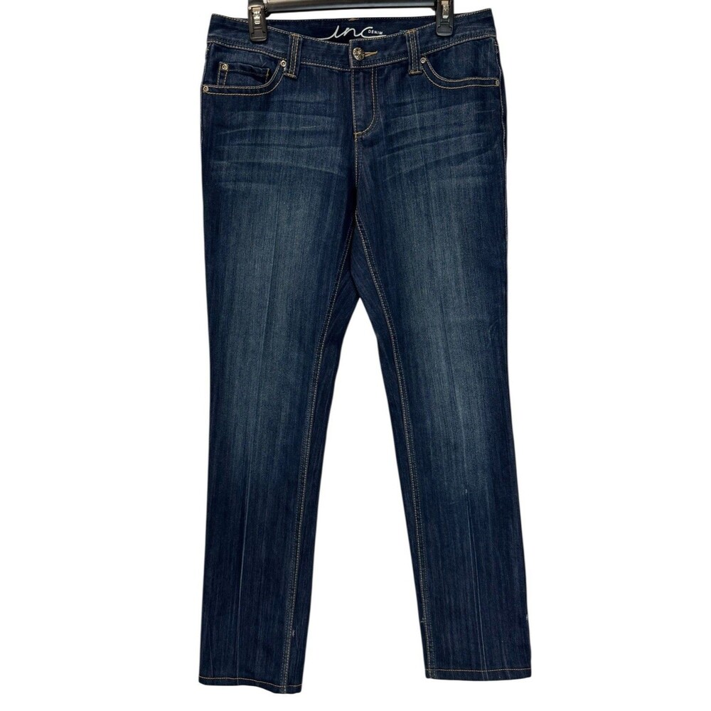 Women’s INC Denim Skinny Blue Jeans Size 10 Fleur-de-lis Pockets Distressed